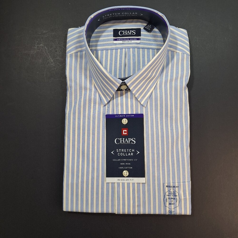 Chaps Men’s XL Blue White Striped Dress Shirt No Iron Stretch Collar NWT Office